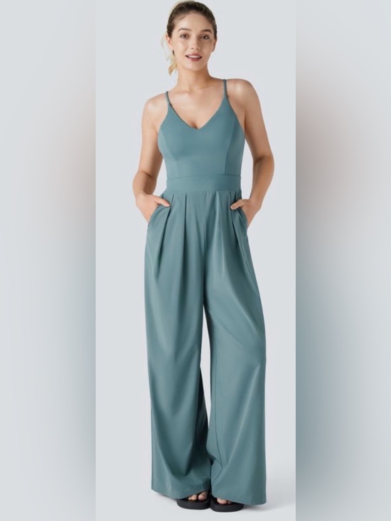 HALARA Pants - Halara Breezeful Wide Leg Jumpsuit L Blue Green 4-Way Stretch Pockets Coastal
